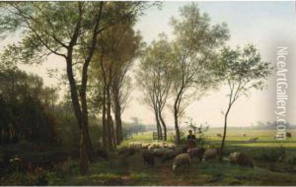 A Shepherdess And Her Flock On A Country Lane Oil Painting - Julius Jacobus Van De Sande Bakhuyzen
