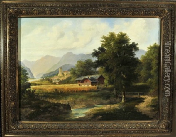 Haus Am Fluss In Weiter Berglandschaft Oil Painting - Josef Burgaritzky