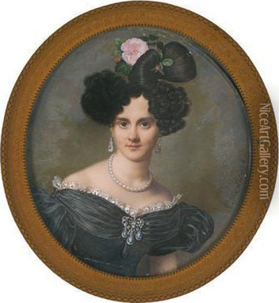 Bildnis Einer Dame In Schwarzem Kleid Und Einer Rose Im Haar Oil Painting - Pietro De Rossi