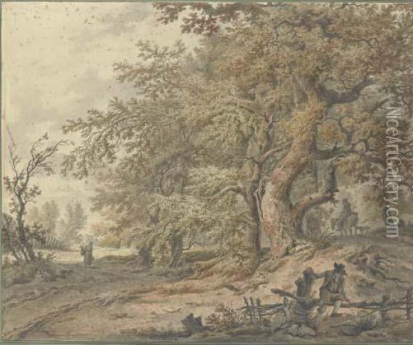 A Forest With A Traveller On A Horse, A Woman Carrying A Basket Anda Traveller Resting By A Barrier In The Foreground Oil Painting - Pieter Barbiers
