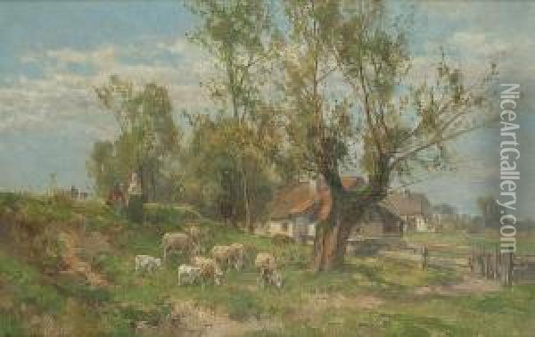 Sheep Grazing By A Cottage Oil Painting - Karl Adam Heinisch