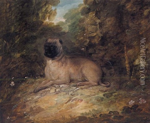 Portrait Of A Pug Belonging To Jonathan Spilsbury, In A Landscape Oil Painting - Thomas Gainsborough