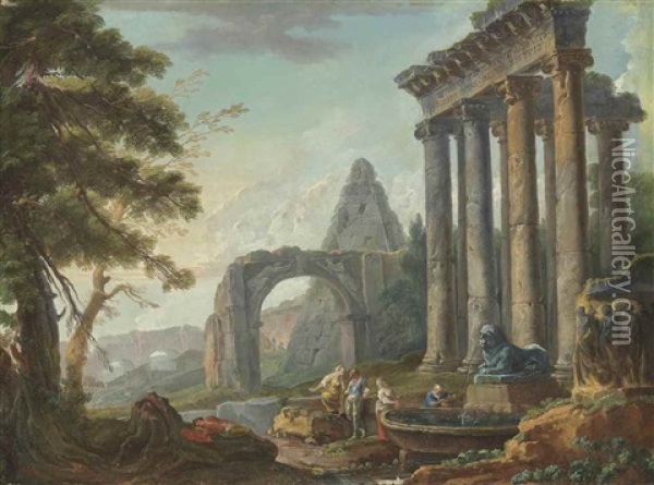 An Architectural Capriccio With The Temple Of Saturn, The Arch Of Titus And The Pyramid Of Caius Cestius, With Figures Before A Fountain In The Foreground Oil Painting - Hubert Robert