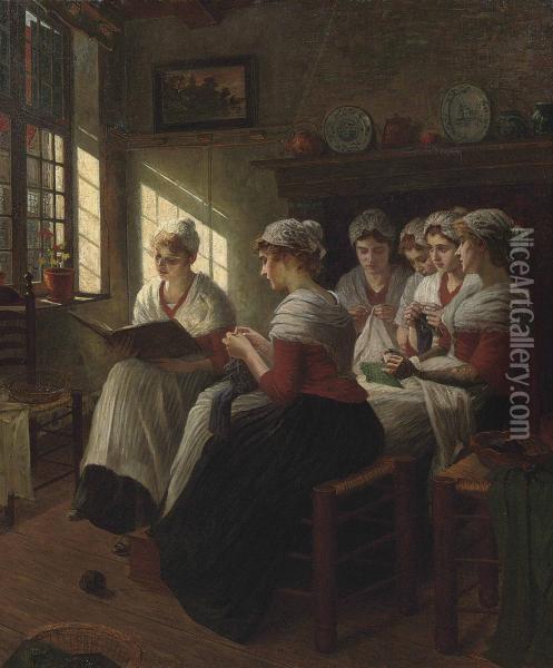 Girls Knitting In The Sunlight Oil Painting - Walther Firle