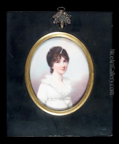 Portrait D'une Jeune Femme En Robe Blanche Avec Un Rang De Perles Dans Les Cheveux Oil Painting - Henry Bone