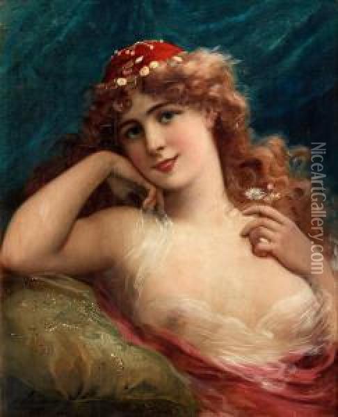 Youngwoman With Daisies Oil Painting - Emile Vernon
