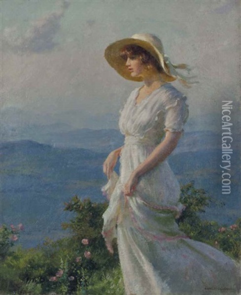 Woman With A Straw Hat Oil Painting - Charles Courtney Curran