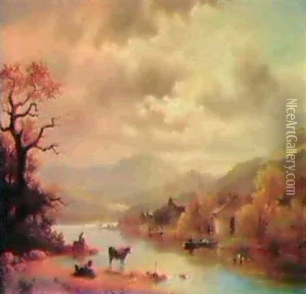 Flusslandschaft Im Alpengebiet Oil Painting - Anton Doll