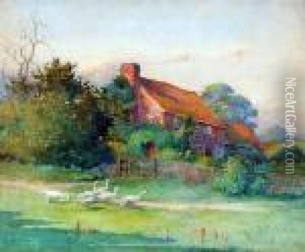 Geese Before A Country Cottage Oil Painting - Henry John Sylvester Stannard