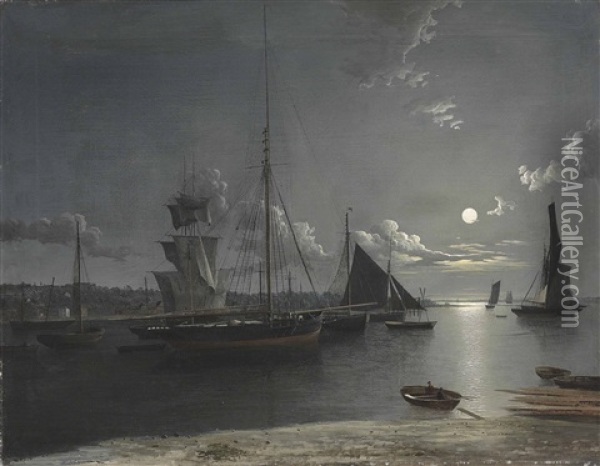 Shipping In The Estuary Under Moonlight Oil Painting - Henry Pether