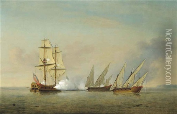 A Royal Navy Sloop, Most Probably H.m.s. Greyhound, In Action With Two Heavily-armed Spanish Galleys Oil Painting - Richard Paton