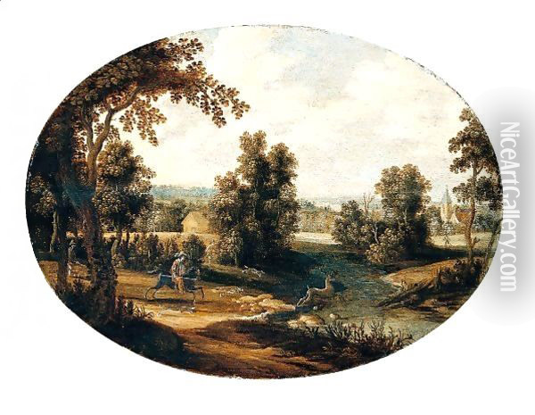 A River Landscape With A Stag Hunt Oil Painting - Isaak van Oosten