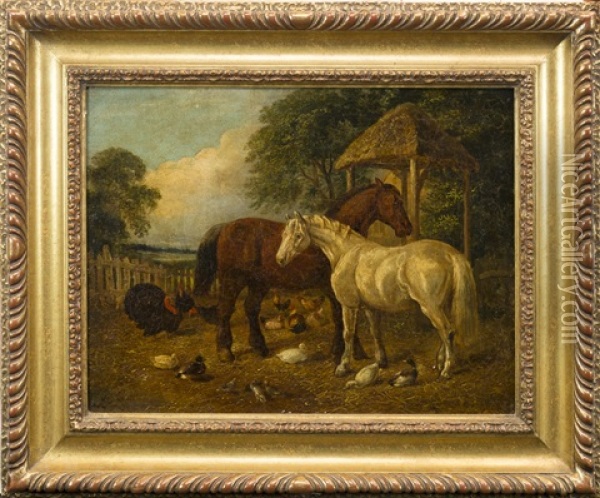 Horses With Ducks And Hens Oil Painting - Henry Charles Woollett