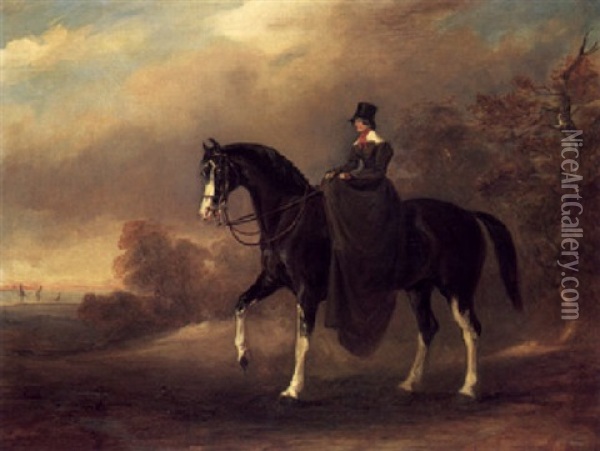Mrs Lorraine Smith Out Hunting In A Landscape Oil Painting - John Ferneley Jr.