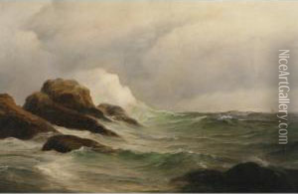 Waves Crashing On Rocks Oil Painting - Warren W. Sheppard