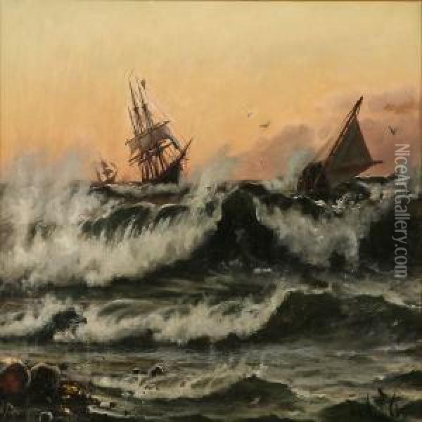 Sailing Ships In High Waves Near A Coast Oil Painting - Frederik Winther