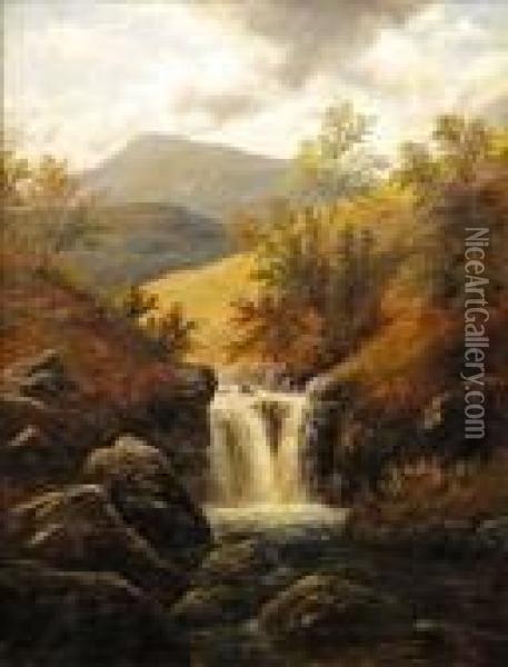A Mountainous Landscape With A Waterfall And Sheep On A Hill Oil Painting - William Mellor