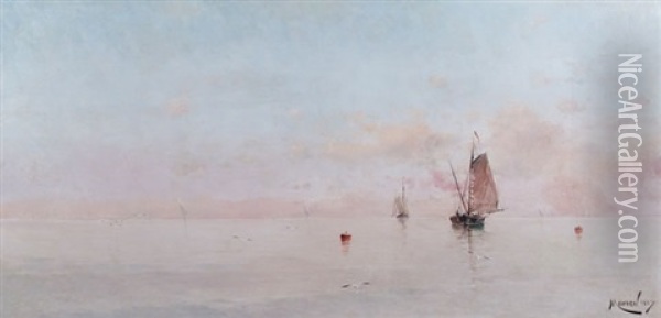Mar Sereno, Barcas A Vela Oil Painting - Eliseo Meifren y Roig