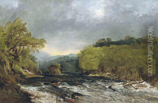 An Angler In A Stormy Landscape Oil Painting - Horatio McCulloch