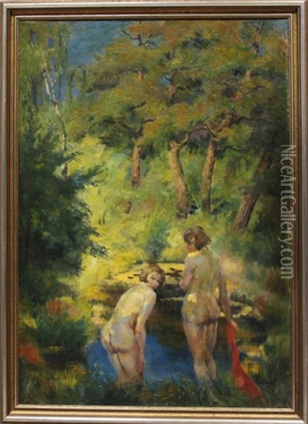 Zwei Weibliche Akte An Einem Sonnendurchfluteten Waldsee Oil Painting - Hugo Richter-Lefensdorf