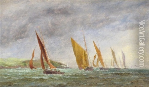 Plymouth From Turnchapel (+ A Sailing Race; Pair) Oil Painting - Henry Martin