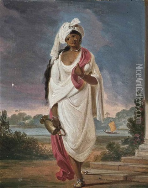 Indian Woman With A River Beyond Oil Painting - William Daniell