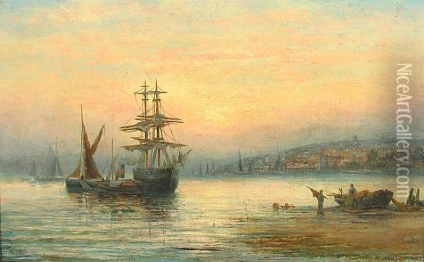 Sail Ships At Sunset On The Medway Oil Painting - William A. Thornley Or Thornber