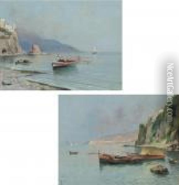 Fishing Boats On Neapolitan Coast, A Pair Oil Painting - Oscar Ricciardi