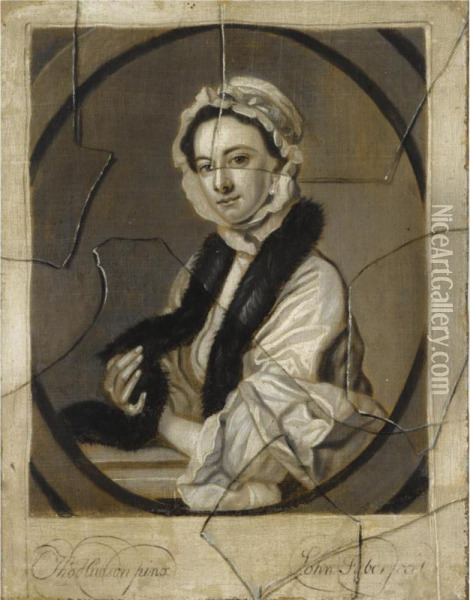 An Engraved Female Portrait After Thomas Hudson Seen Behind Broken Glass Oil Painting - John Ii Faber