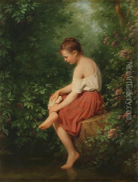 Woman At Pond Oil Painting - Fritz Zuber-Buhler