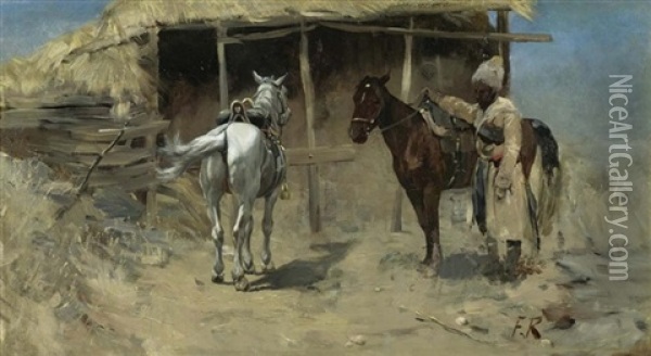 Kosake Mit Schimmel Und Braunem. Zwei Pferde Vor Dem Stall Oil Painting - Franz Roubaud