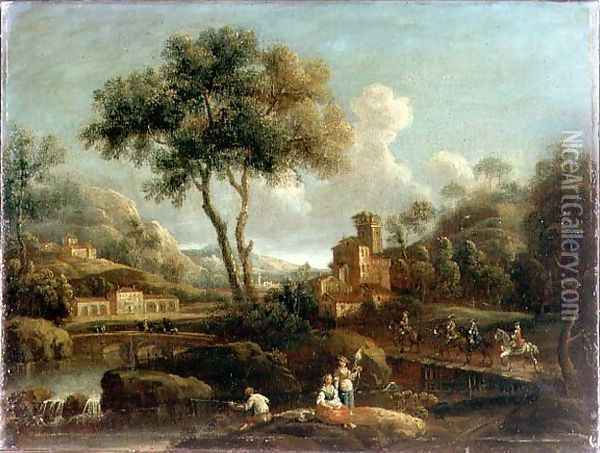 A wooded river landscape with travellers Oil Painting - Gianbattista Cimaroli