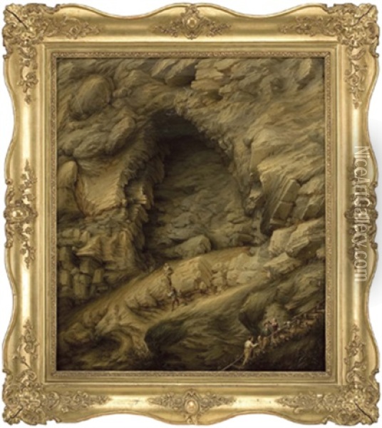 Felsgrotte Im Hochgebirge Mit Wanderern Oil Painting - Thaddaus Millian