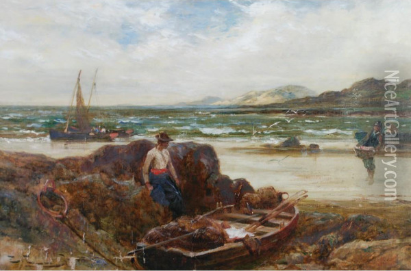 Beach Scene With Fisher Folk And Beached Fishing Boats Oil Painting - Edwin Ellis