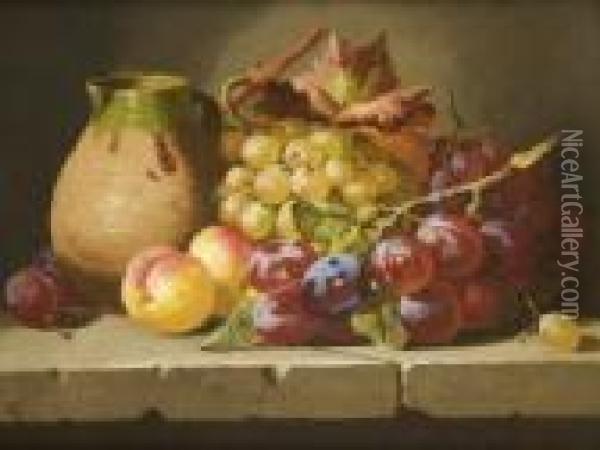 Fruit And An Earthenware Jug On A Stone Ledge Oil Painting - Charles Thomas Bale