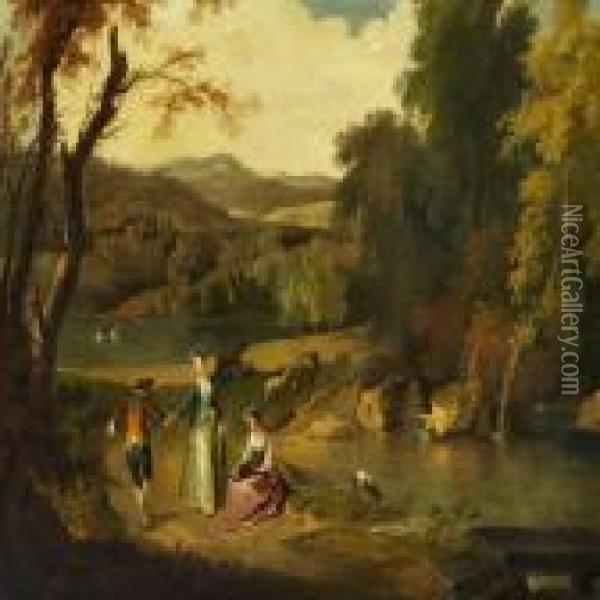 Arcadian Landscape With Dancing Couple Oil Painting - Christian Wilhelm Ernst Dietrich