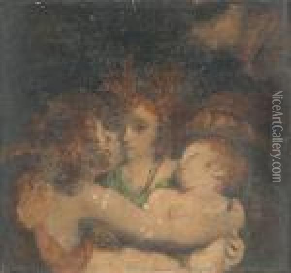 Two Children As Cupid Holding An Infant Oil Painting - Sir Joshua Reynolds