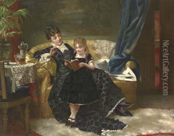 Reading Together Oil Painting - Jan Portielje