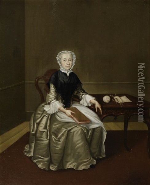 Portrait Of Mrs Wettenhall, Full-length, In A A Gold Silk Dress And Black Wrap, Seated In An Interior, Reading Oil Painting - Arthur Devis
