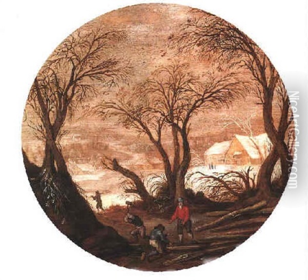 A Winter Landscape With Woodcutters Chopping Firewood Oil Painting - Frans de Momper