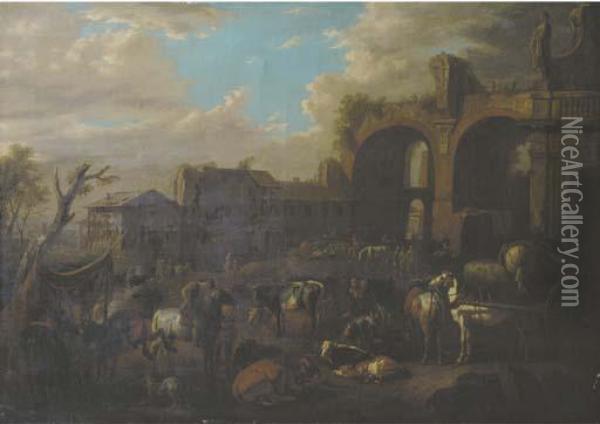Travellers On Horseback By A Blacksmith Oil Painting - Pieter van Bloemen
