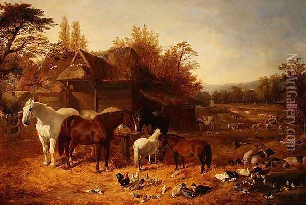 The Farmyard with Horses, Ponies, Berkshire Saddle Backs, Alderney Shorthorn Cattle and Poultry Oil Painting - John Frederick Herring Snr