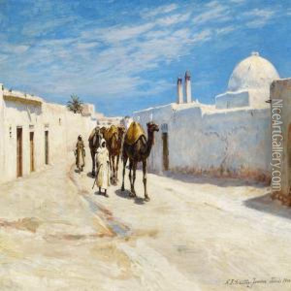 Kameler I En Gade I Tunis Oil Painting - Niels Frederik Schiottz-Jensen