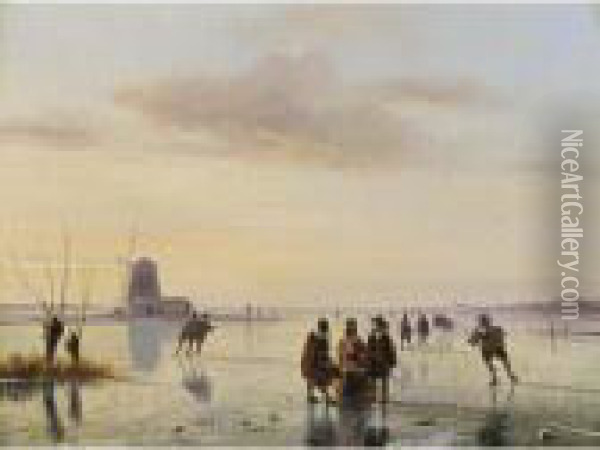A Winter Landscape With Skaters On The Ice Oil Painting - Nicholas Jan Roosenboom