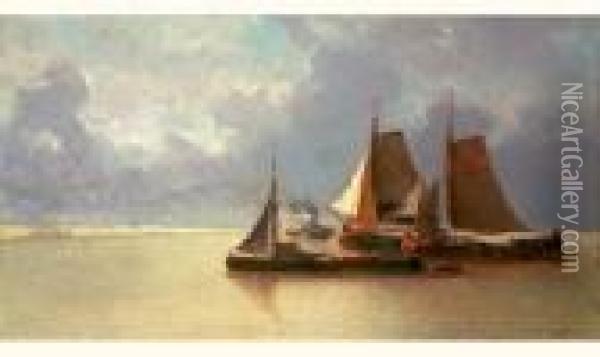 Trois Barques De Peche A Poste, En Arriere Plan Un Bateau A Aube Oil Painting - Jean Baptiste Henri Durand-Brager
