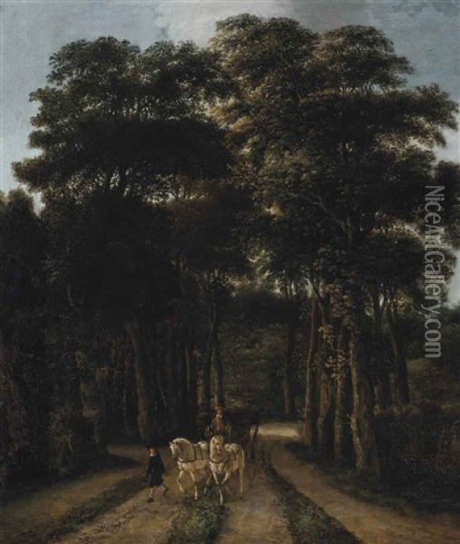 A Wooded Landscape With A Horse-drawn Carriage On A Track Oil Painting - Pieter Jansz van Asch