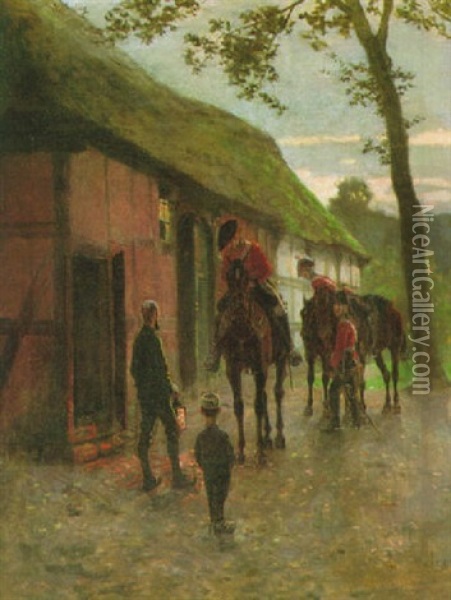 Kavalleristen Halten Abends Im Dorf Oil Painting - Heinrich Breling
