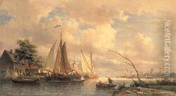 A Busy Estuary Scene, Dordrecht In The Distance Oil Painting - Everhardus Koster
