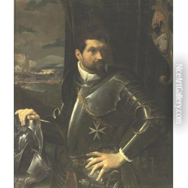 Portrait Of Carlo Alberto Rati Opizzoni In Armour, Three-quarter Length Standing, Wearing The Order Of The Knights Of Malta, A View Of The City Of Bologna Beyond Oil Painting - Ludovico Carracci