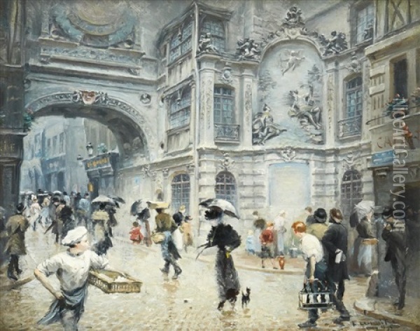Street Scene At Rue Du Gros-horloge Oil Painting - Leon Jules Lemaitre
